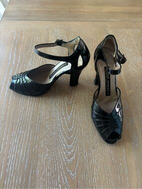 Black Patent 100% Genuine Leather Peep-Toe Ankle Strap Heels